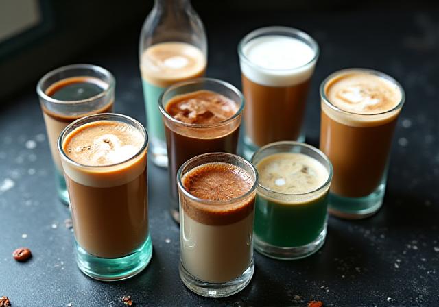 Selección de bebidas de café de especialidad en tazas de diseño futurista sobre una mesa espacial